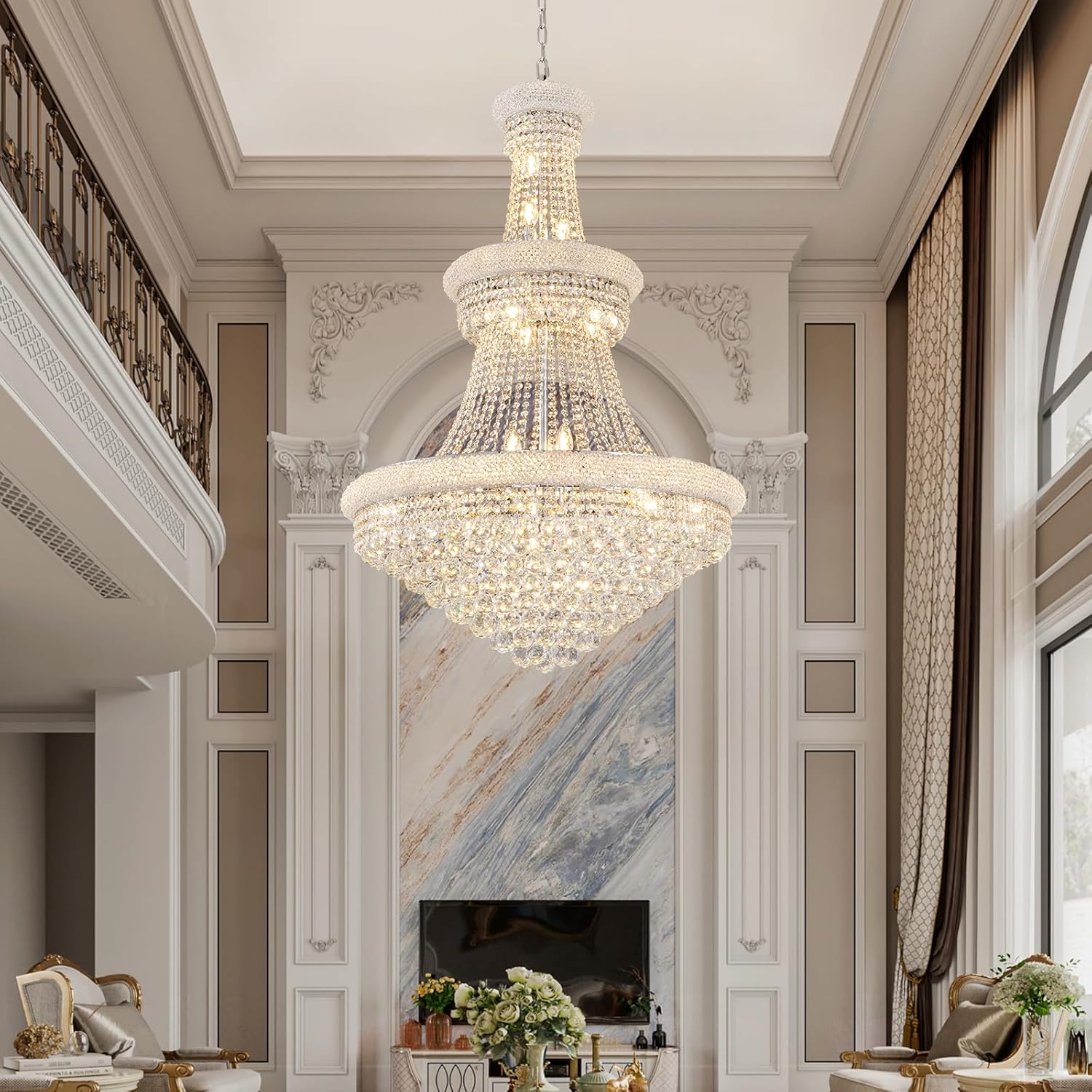 BEIRIO Chrome 24-Light Crystal Chandelier for High Ceilings