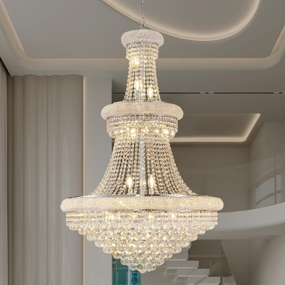 BEIRIO Chrome 24-Light Crystal Chandelier for High Ceilings