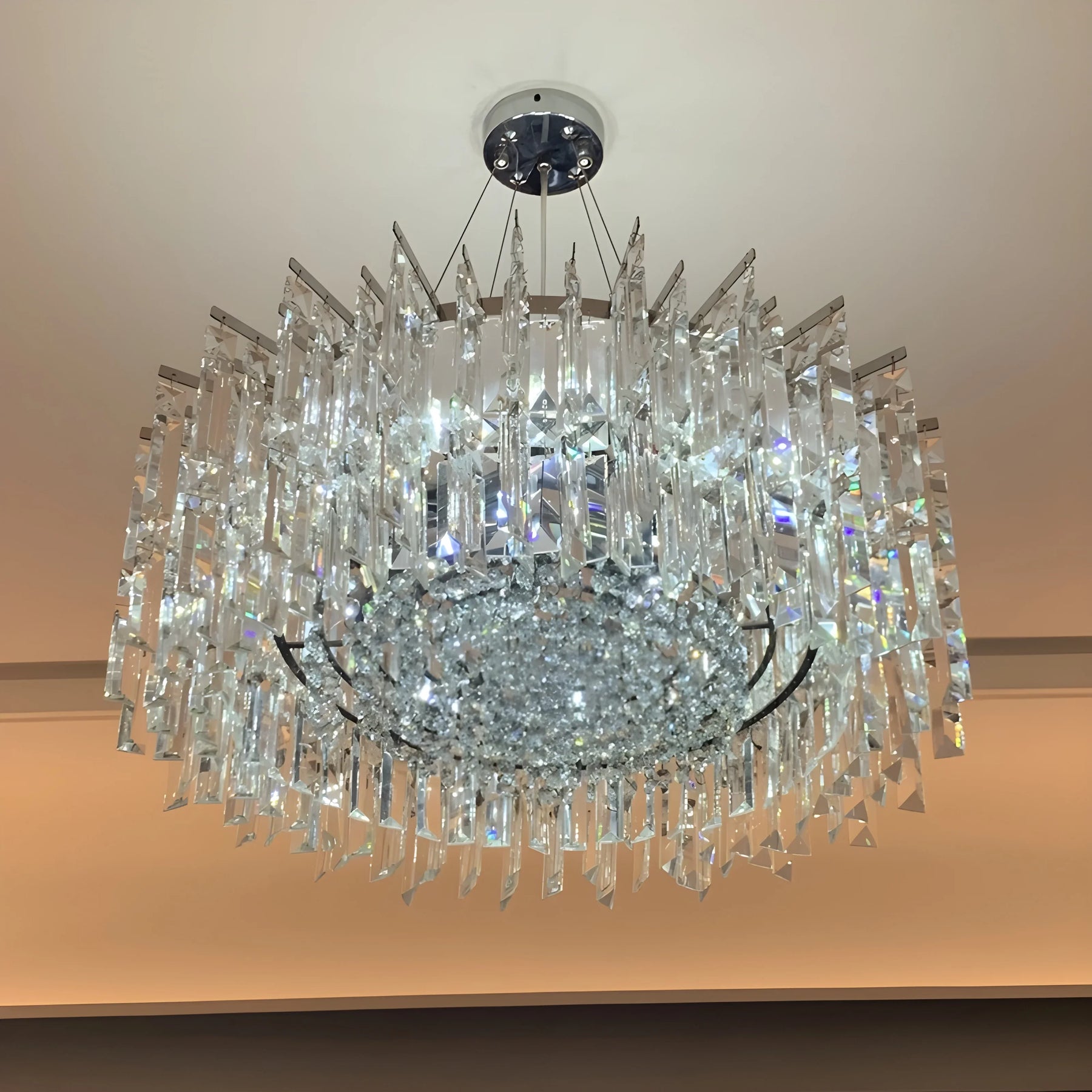 Chrome Silver Stylish Round Crystal Chandelier Modern Ceiling Pendant Light For Living Room/ Bedroom