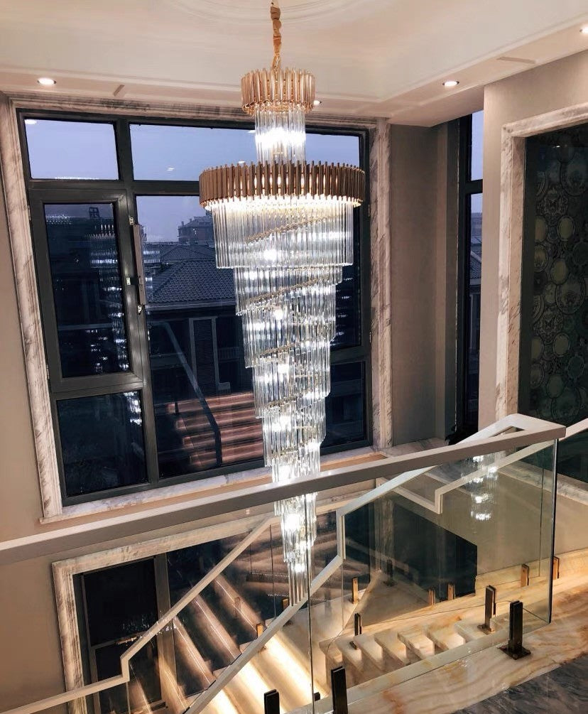 Classic Large Multi-layered Spiral Crystal Chandelier for Foyer/ Staircase-Chandeliers-Merlin Lamps-D17.7"*H59.1"/12 Lights/16 kg-Black-Warm Light-merlinlamps
