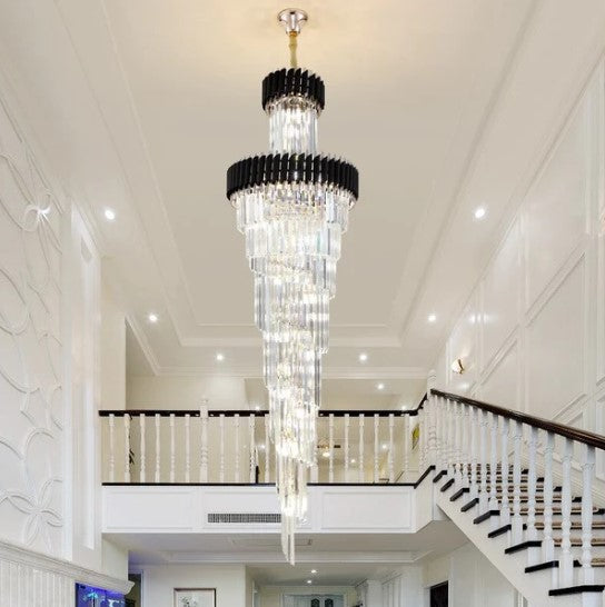 Classic Large Multi-layered Spiral Crystal Chandelier for Foyer/ Staircase-Chandeliers-Merlin Lamps-D17.7"*H59.1"/12 Lights/16 kg-Black-Dimmable White Light-merlinlamps