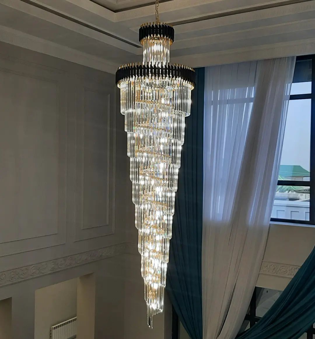 Classic Large Multi-layered Spiral Crystal Chandelier for Foyer/ Staircase-Chandeliers-Merlin Lamps-D17.7"*H59.1"/12 Lights/16 kg-Black-Warm Light-merlinlamps