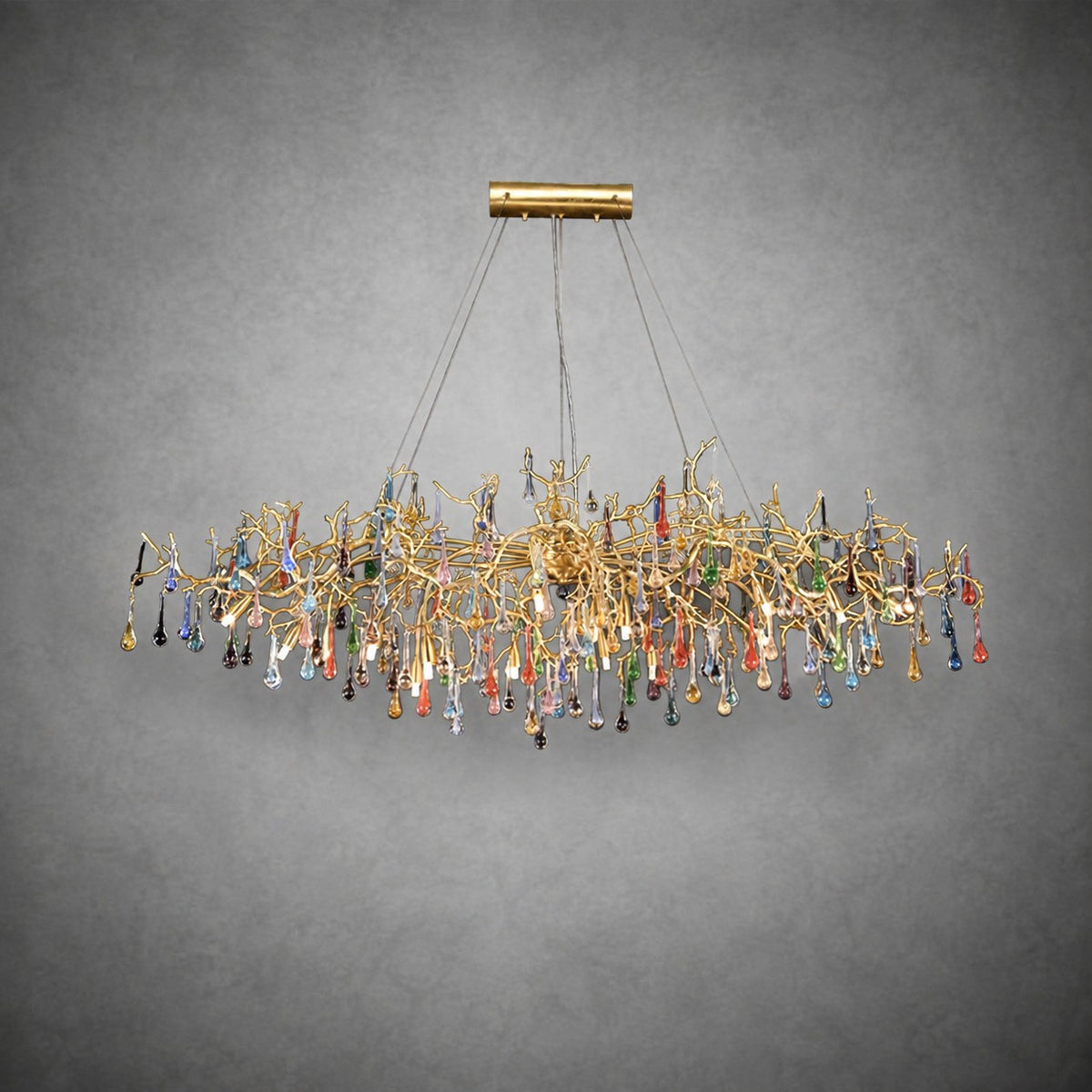 Colorful Raindrop Brass Branch Chandelier with Crystal Accents