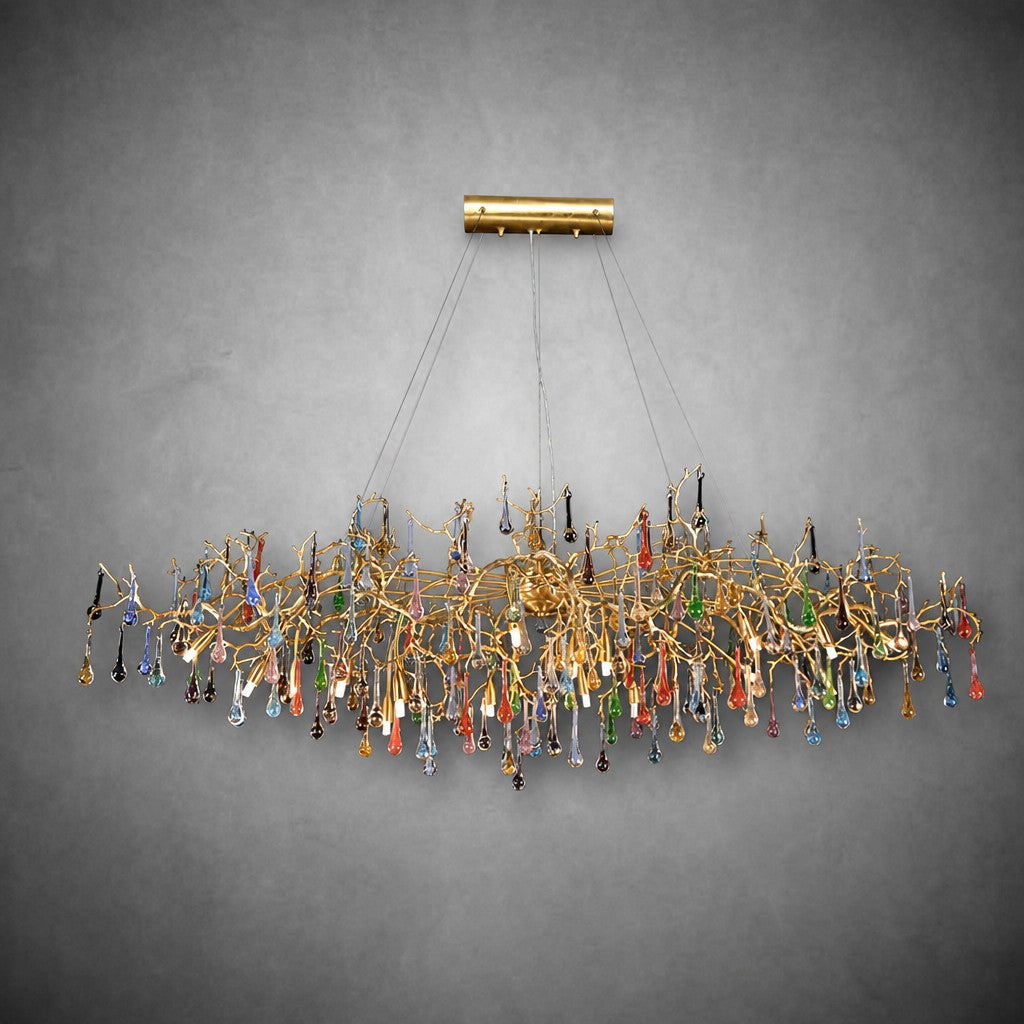 Colorful Raindrop Brass Branch Chandelier with Crystal Accents