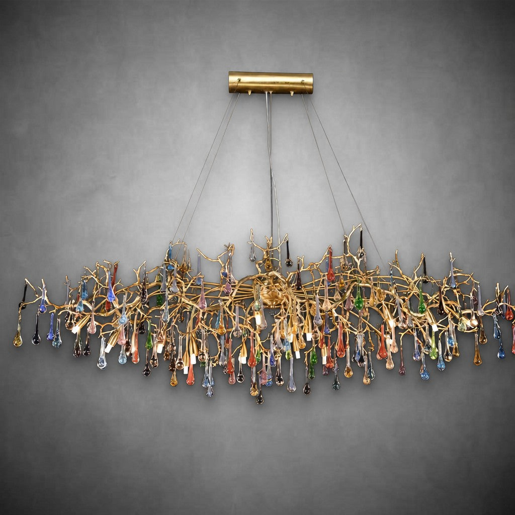 Colorful Raindrop Brass Branch Chandelier with Crystal Accents
