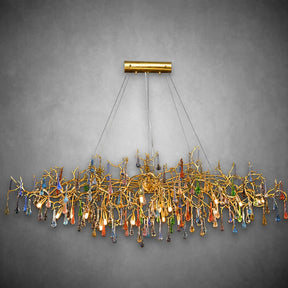 Colorful Raindrop Brass Branch Chandelier with Crystal Accents