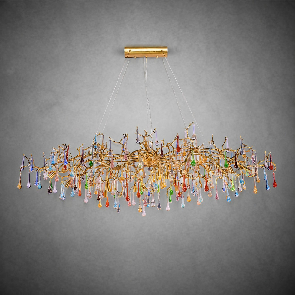 Colorful Raindrop Brass Branch Chandelier with Crystal Accents