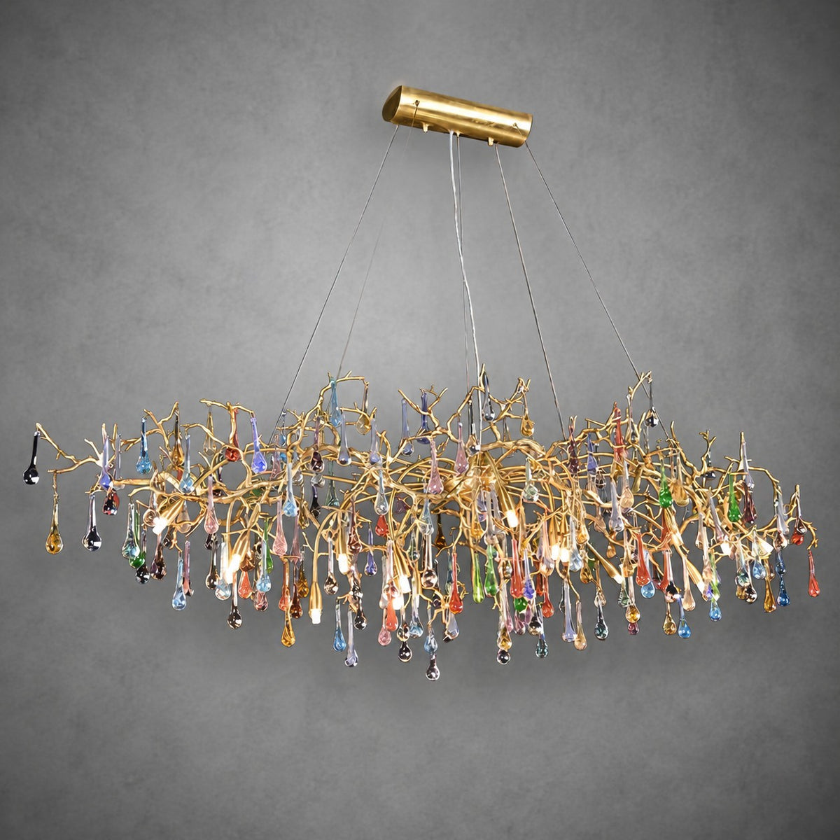 Colorful Raindrop Brass Branch Chandelier with Crystal Accents