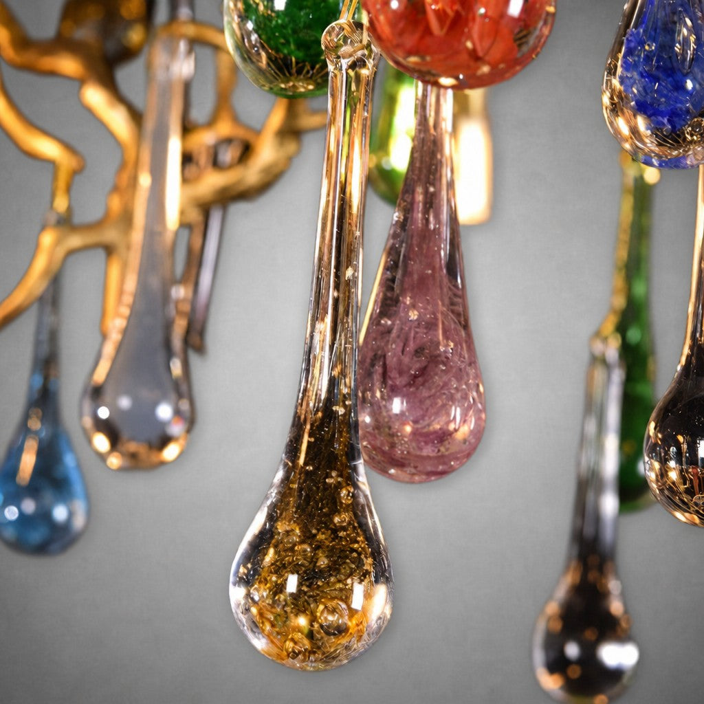 Colorful Raindrop Brass Branch Chandelier with Crystal Accents