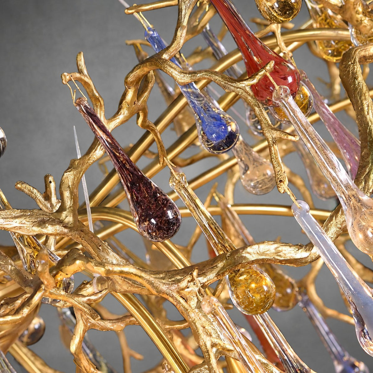 Colorful Raindrop Brass Branch Chandelier with Crystal Accents