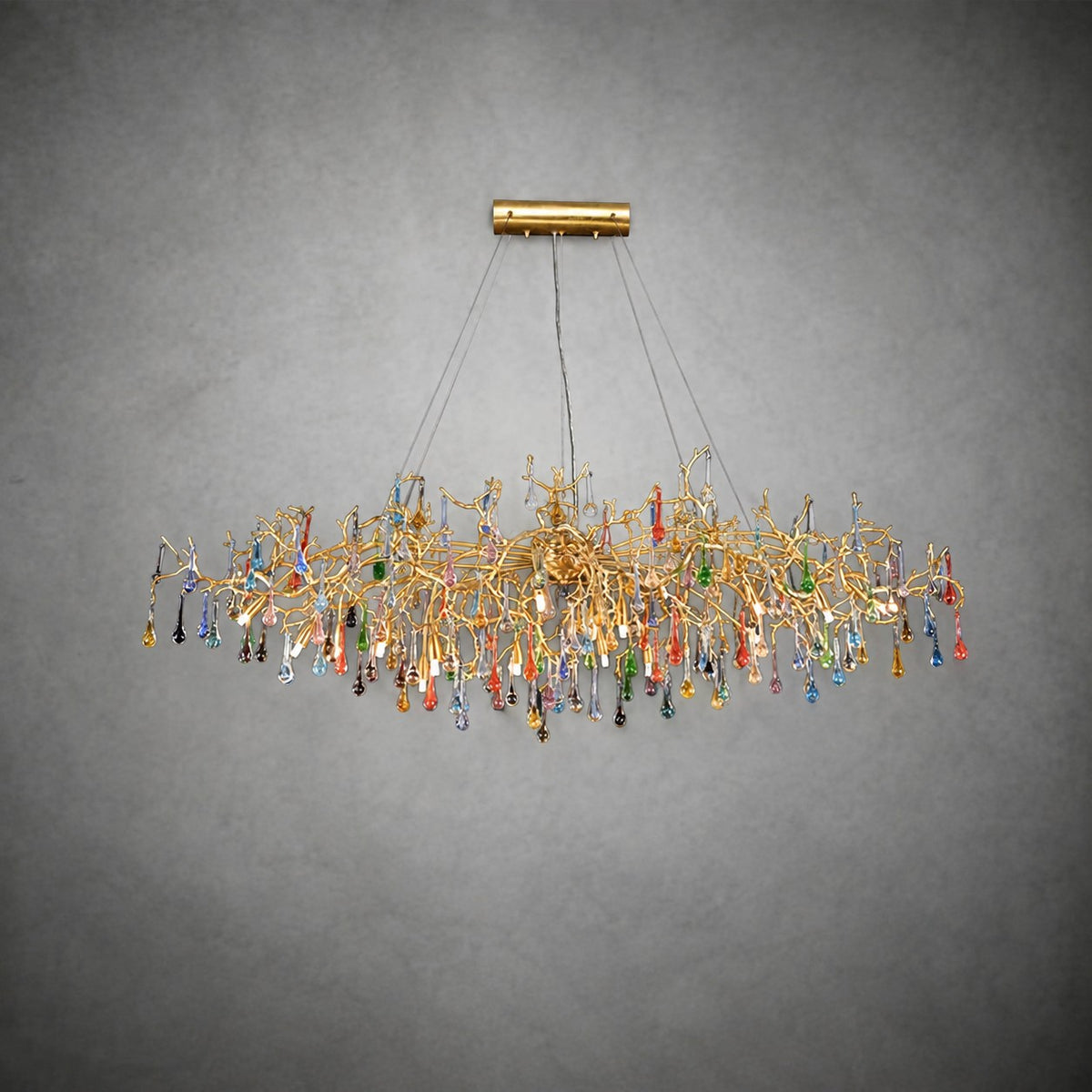Colorful Raindrop Brass Branch Chandelier with Crystal Accents