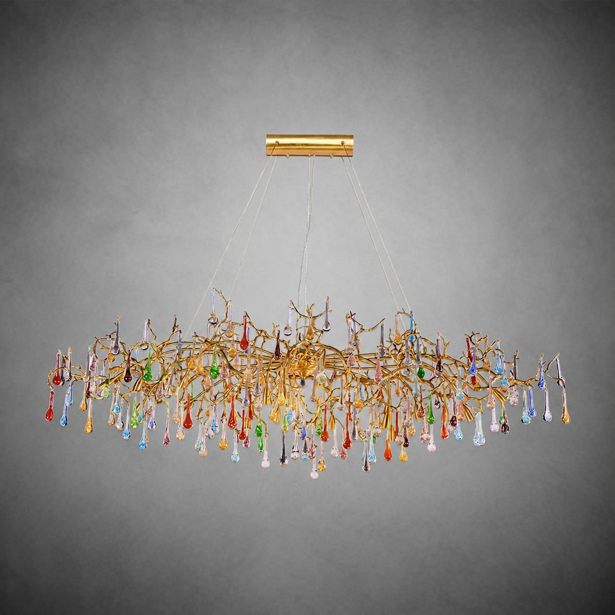 Colorful Raindrop Brass Branch Chandelier with Crystal Accents