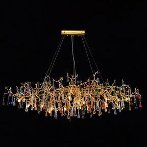 Colorful Raindrop Brass Branch Chandelier with Crystal Accents