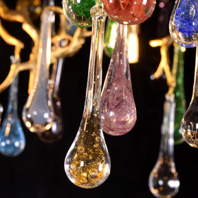 Colorful Raindrop Brass Branch Chandelier with Crystal Accents