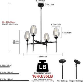 Crystal Black Adjustable 28" Tulip Pendant Chandelier with 4 Lights