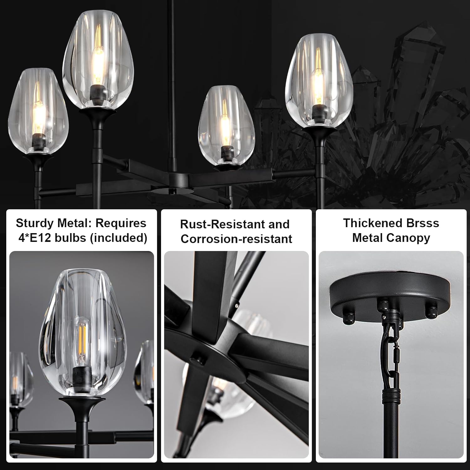 Crystal Black Adjustable 28" Tulip Pendant Chandelier with 4 Lights