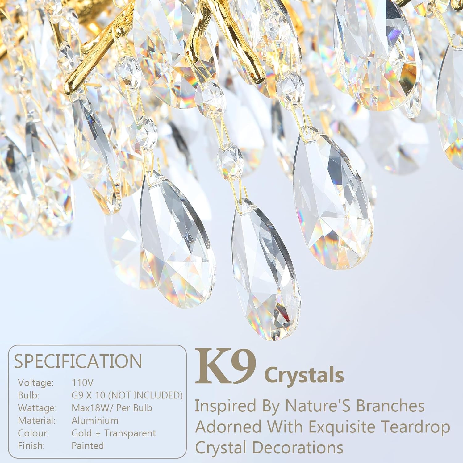 Crystal Chandelier for Dining Room, 31.5" Modern Gold Tree Branch Chandelier