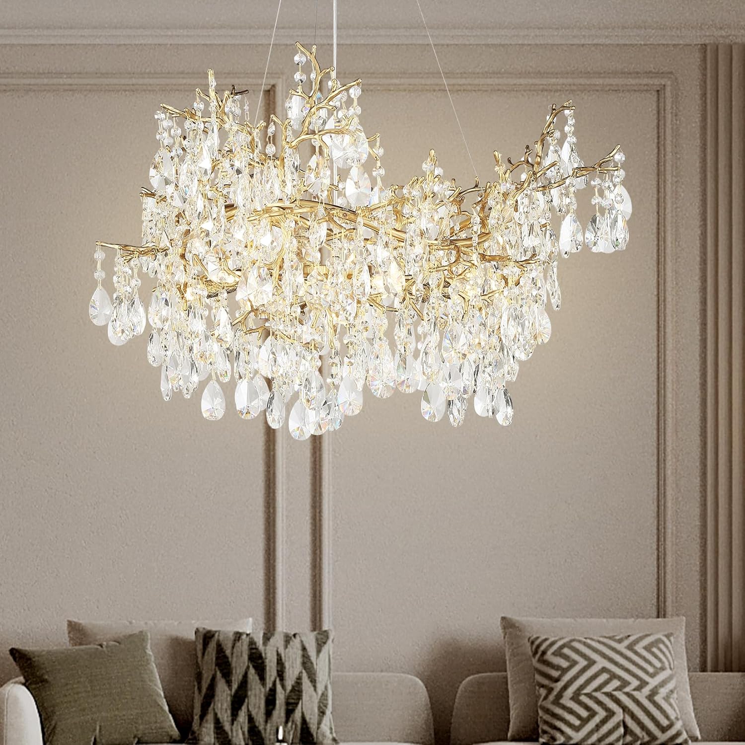Crystal Chandelier for Dining Room, 31.5" Modern Gold Tree Branch Chandelier