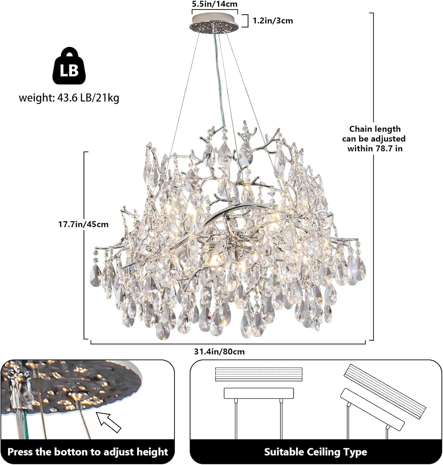 Crystal Chandelier for Dining Room, 31.5" Modern Silver Tree Branch Chandelier