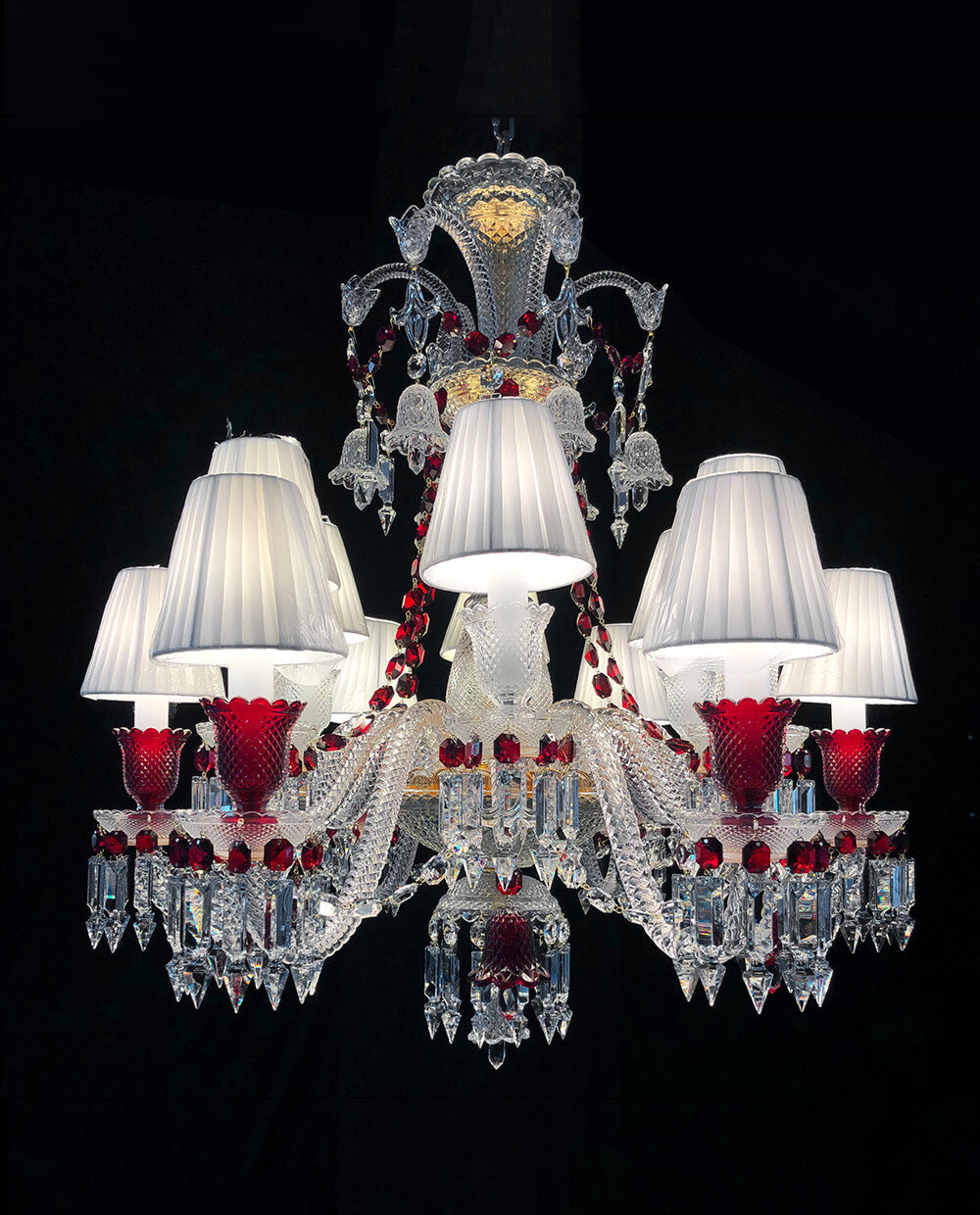 Custom Made Lustre Bacara 12 Lights Clear & Red Baccarat Crystal Chandelier in Gold