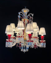Custom Made Lustre Bacara 12 Lights Clear & Red Baccarat Crystal Chandelier in Gold