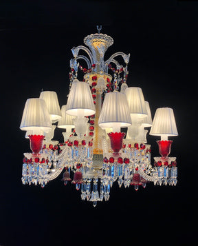 Custom Made Lustre Bacara 12 Lights Clear & Red Baccarat Crystal Chandelier in Gold