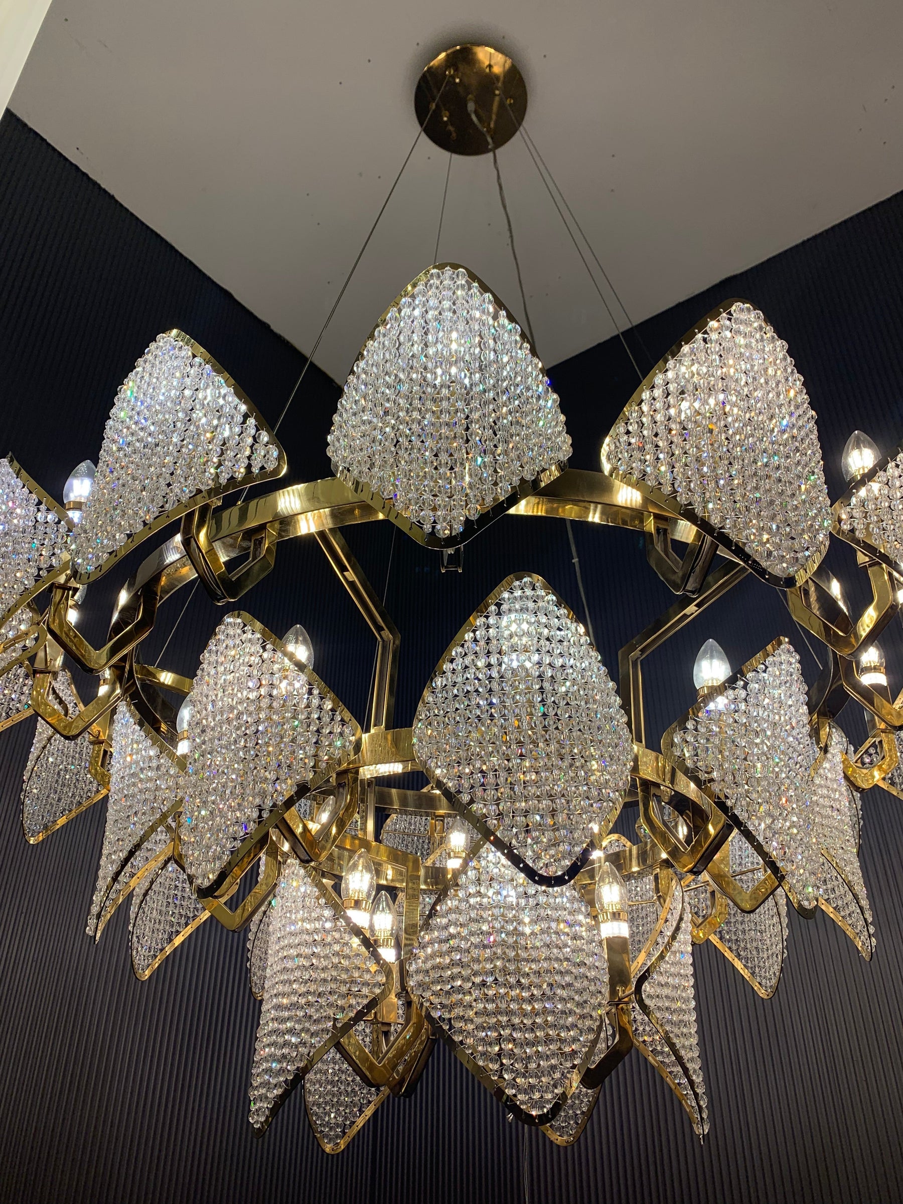 Modern Luxury 3-Tier Crystal Beads Knitmesh Chandelier in Champagne Gold Finish for Living Room