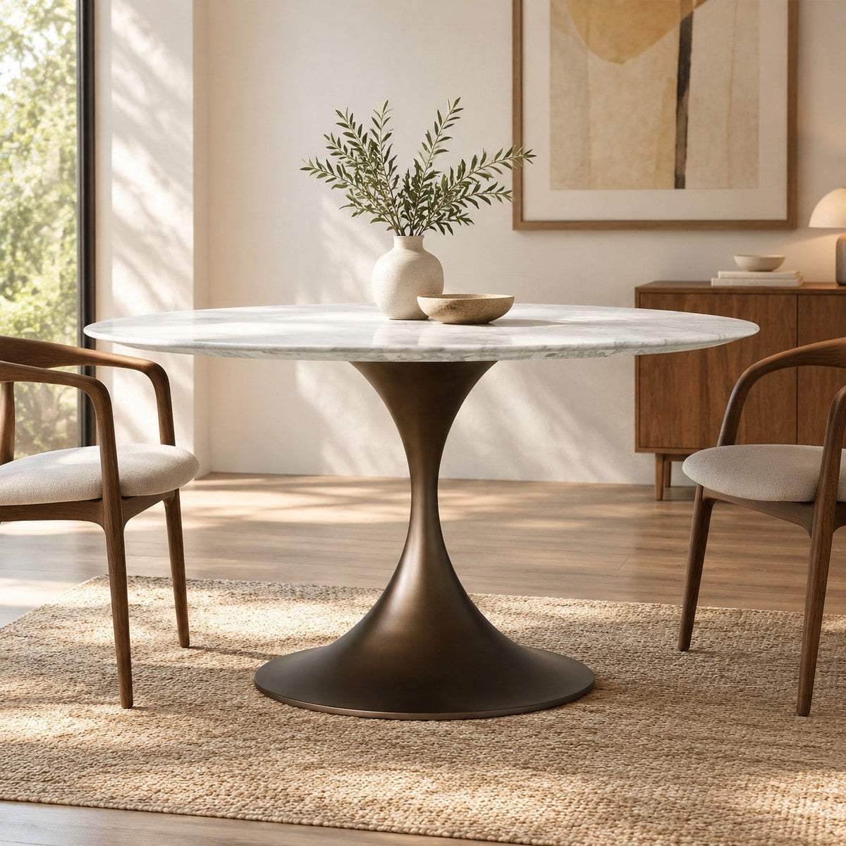 Round Stone-Top Steel-Base Dining Table