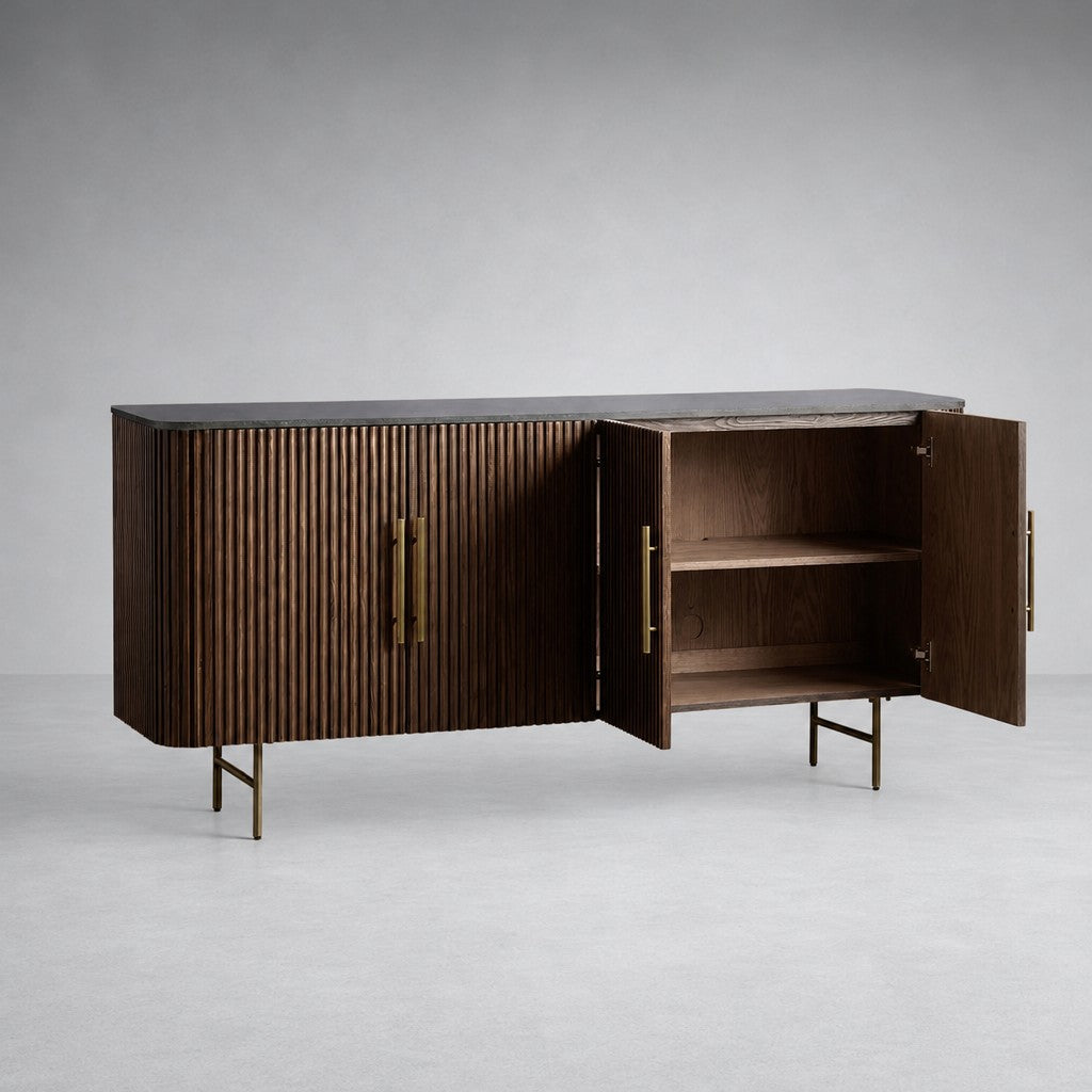 Reeded Wood Credenza With Marble Or Bluestone Top