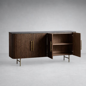 Reeded Wood Credenza With Marble Or Bluestone Top