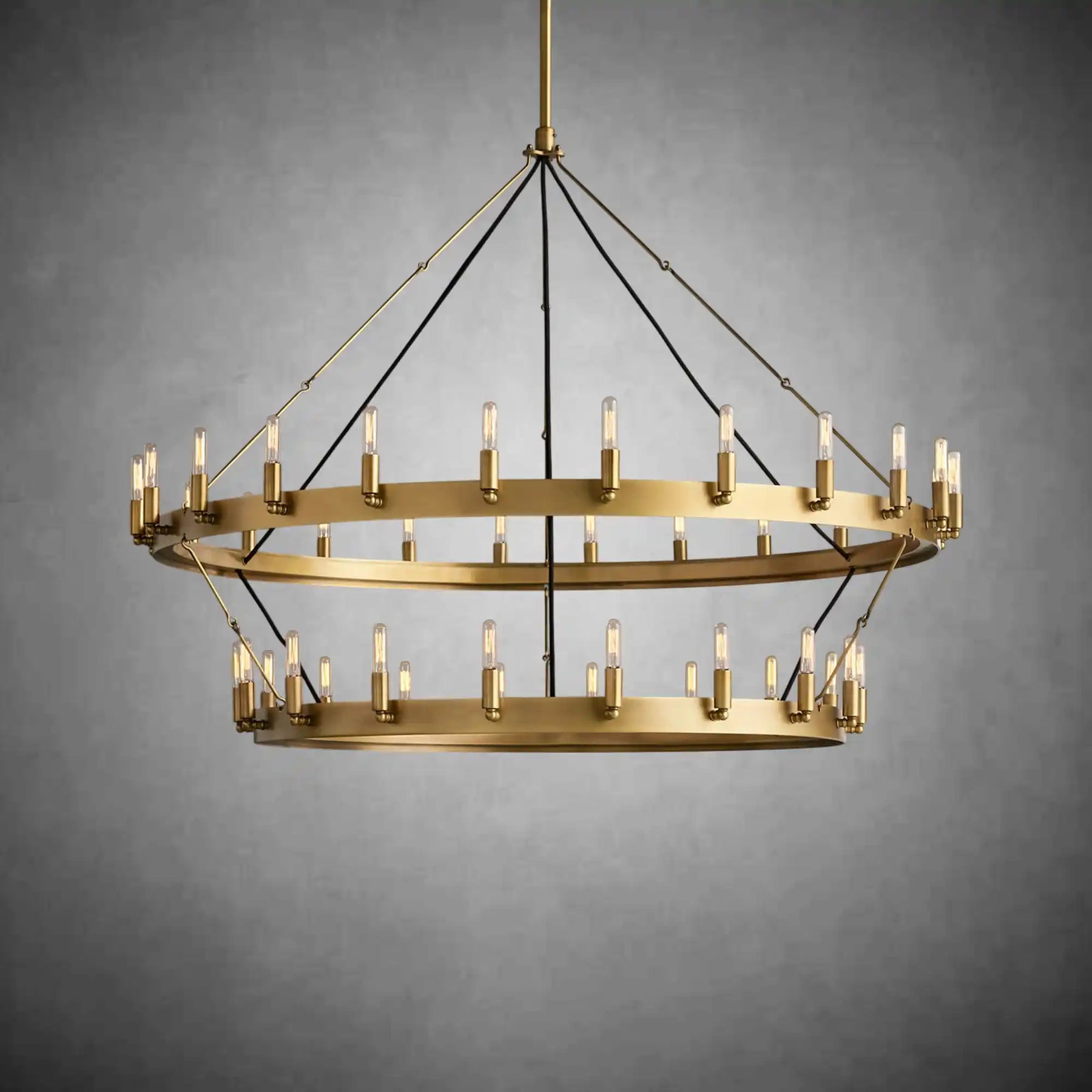 Dania Camina Modern Farmhouse 2-Tier Round Chandelier-Chandelier-Merlin Lamps-Filament-50"-Lacquered Brass-merlinlamps