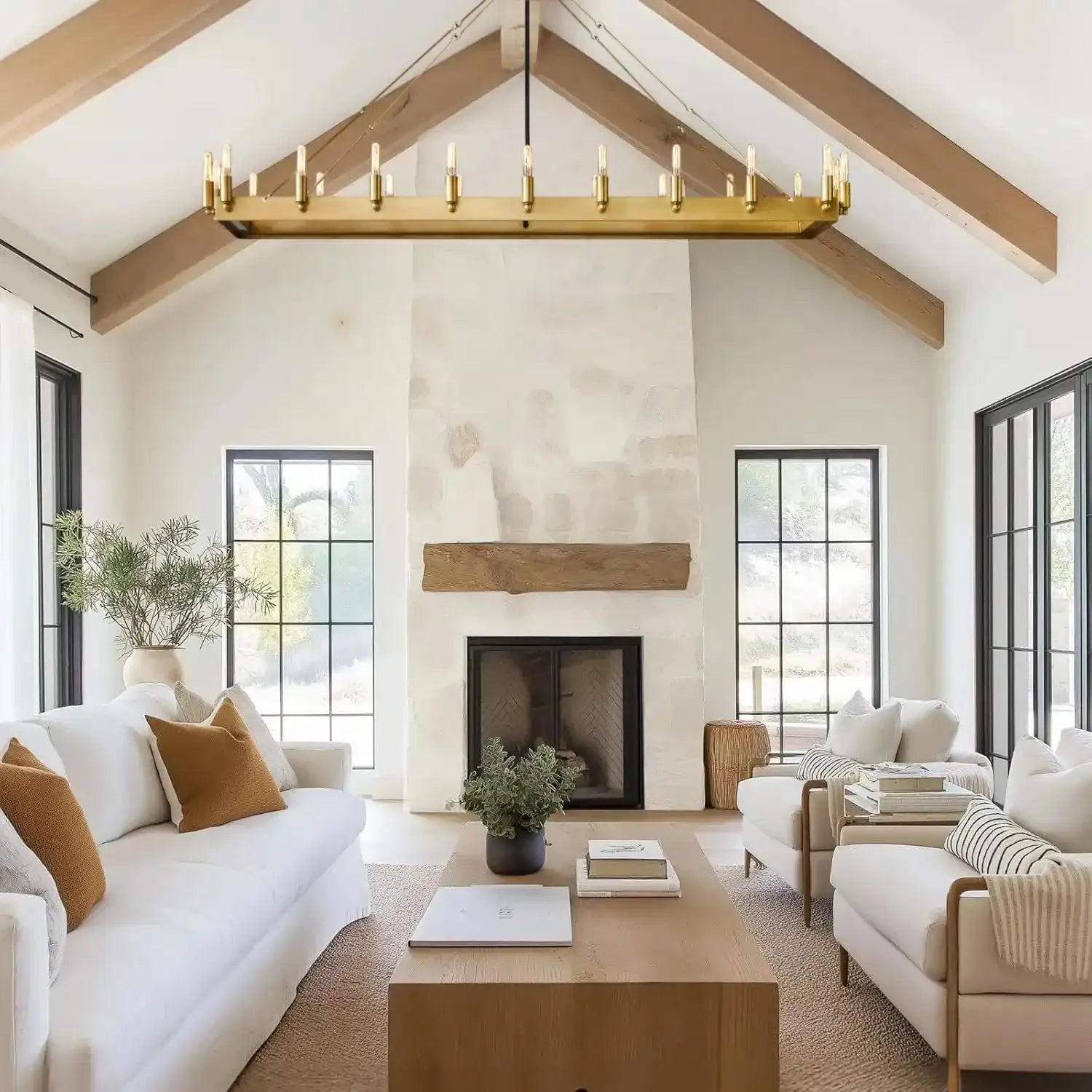 Modern farmhouse rectangular chandelier over a wooden living table