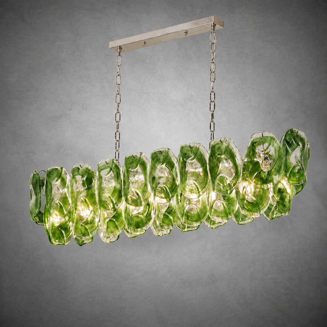 Chandelier Sculptural Green Glass Linear Style