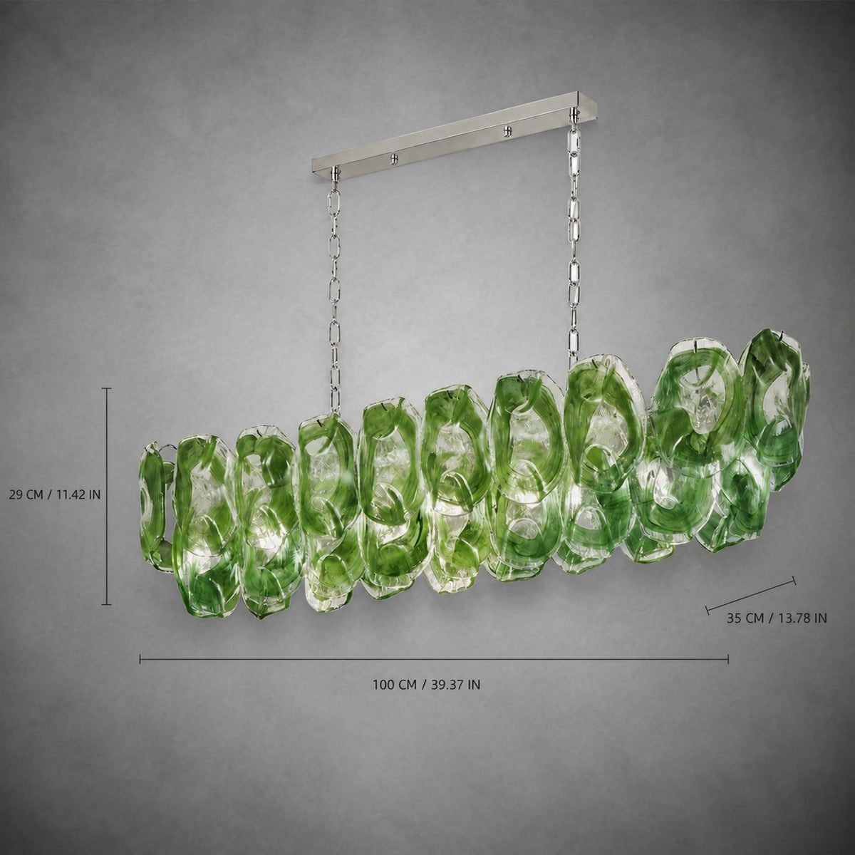 Chandelier Sculptural Green Glass Linear Style