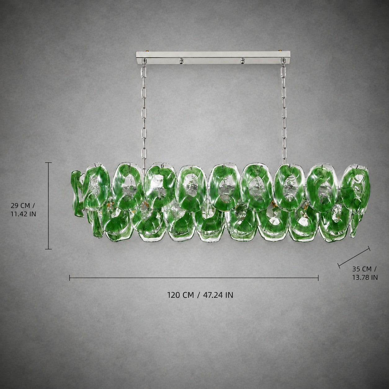 Chandelier Sculptural Green Glass Linear Style