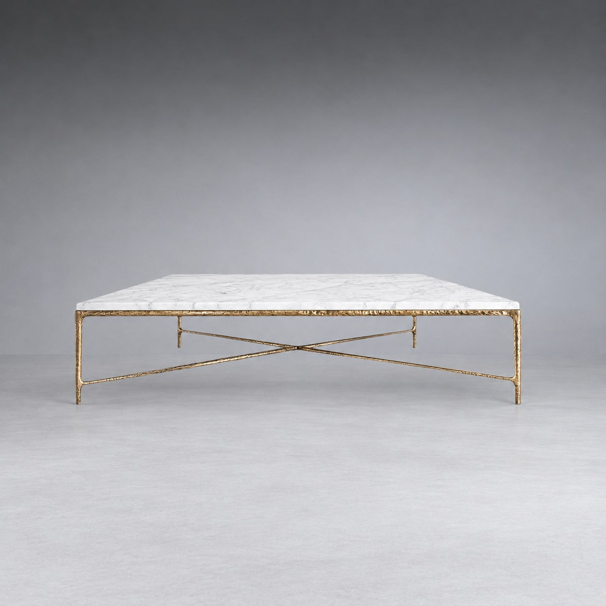 Square Hammered Metal and Marble Coffee Table