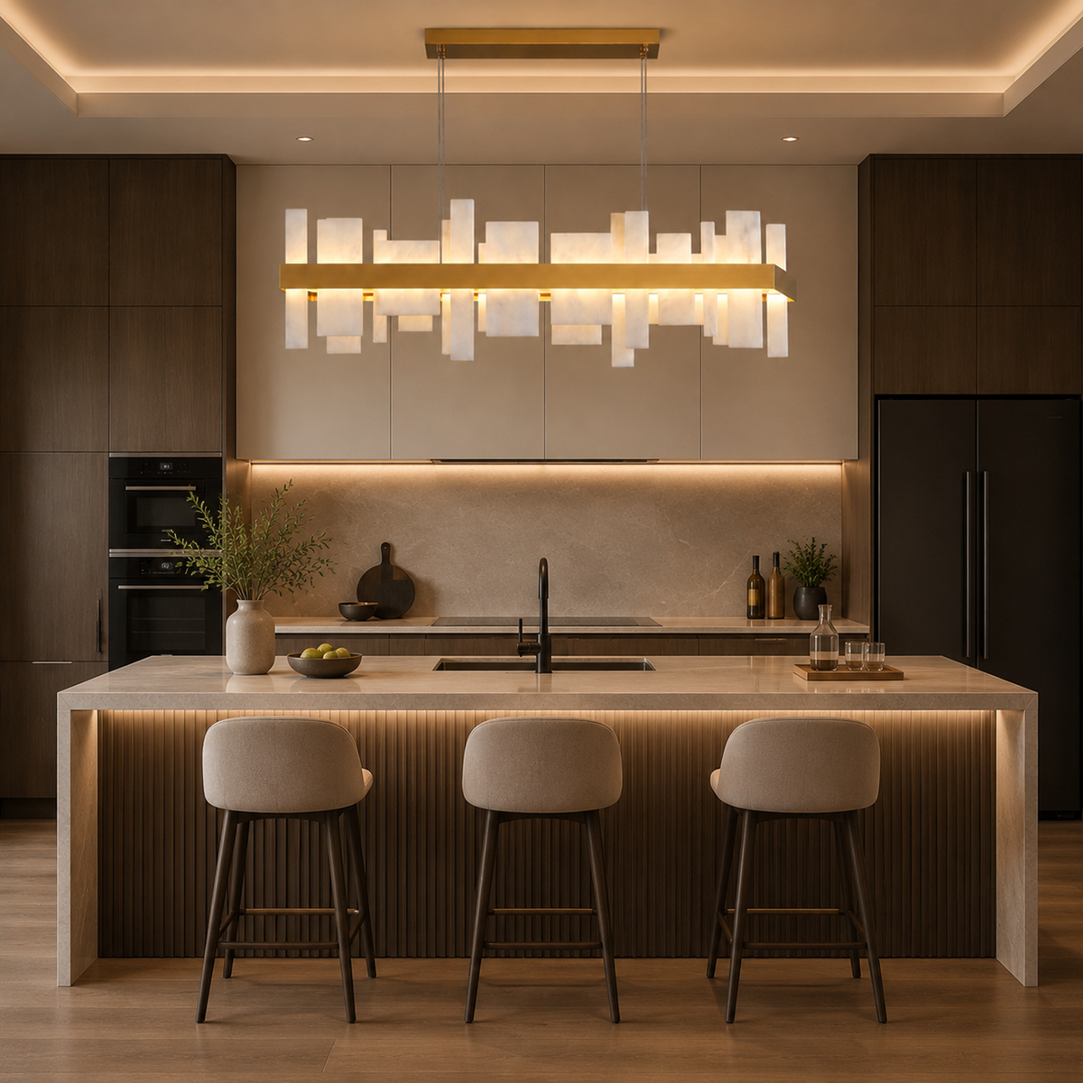 Linear Alabaster and Gold Stainless Steel Dining Chandelier
