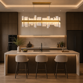 Linear Alabaster and Gold Stainless Steel Dining Chandelier