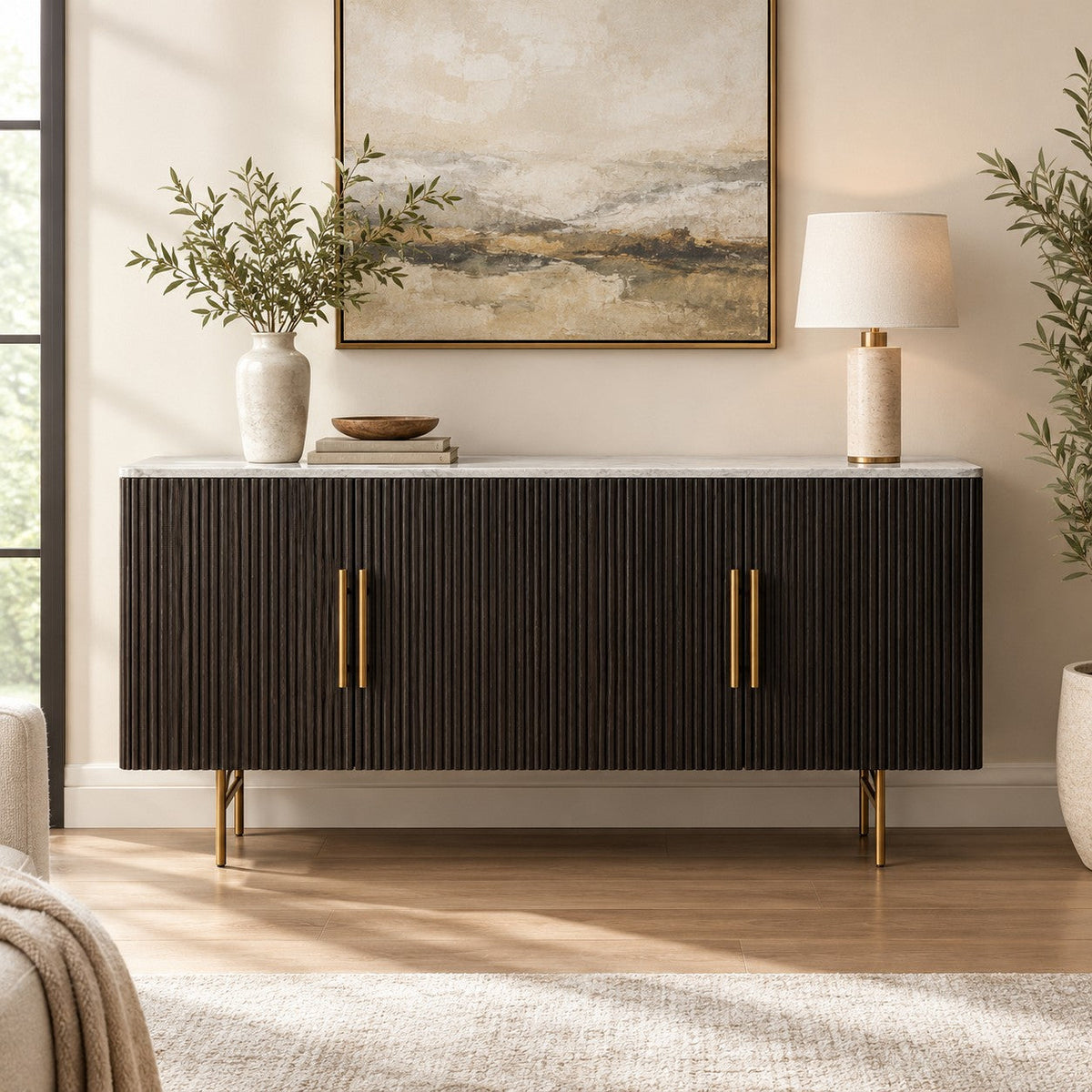Reeded Wood Credenza With Marble Or Bluestone Top