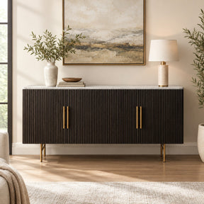 Reeded Wood Credenza With Marble Or Bluestone Top