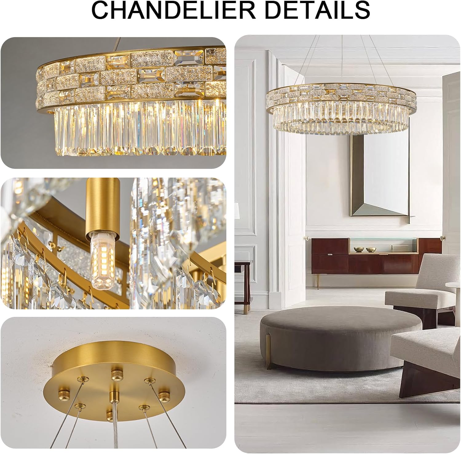 Elegant 31‑Inch Gold Crystal Chandelier with 12 Adjustable Lights