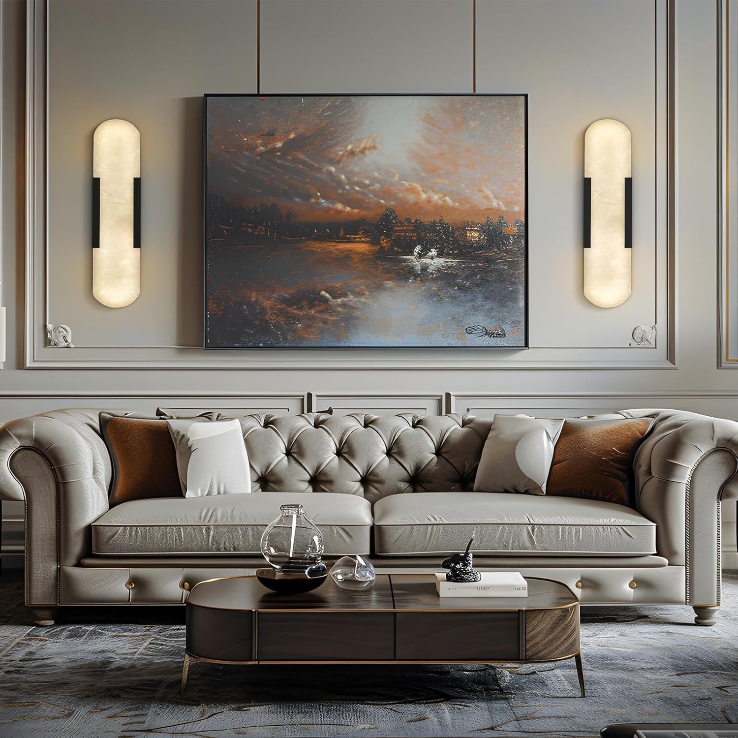 Elegant Black Alabaster Marble Wall Sconce Set of 2