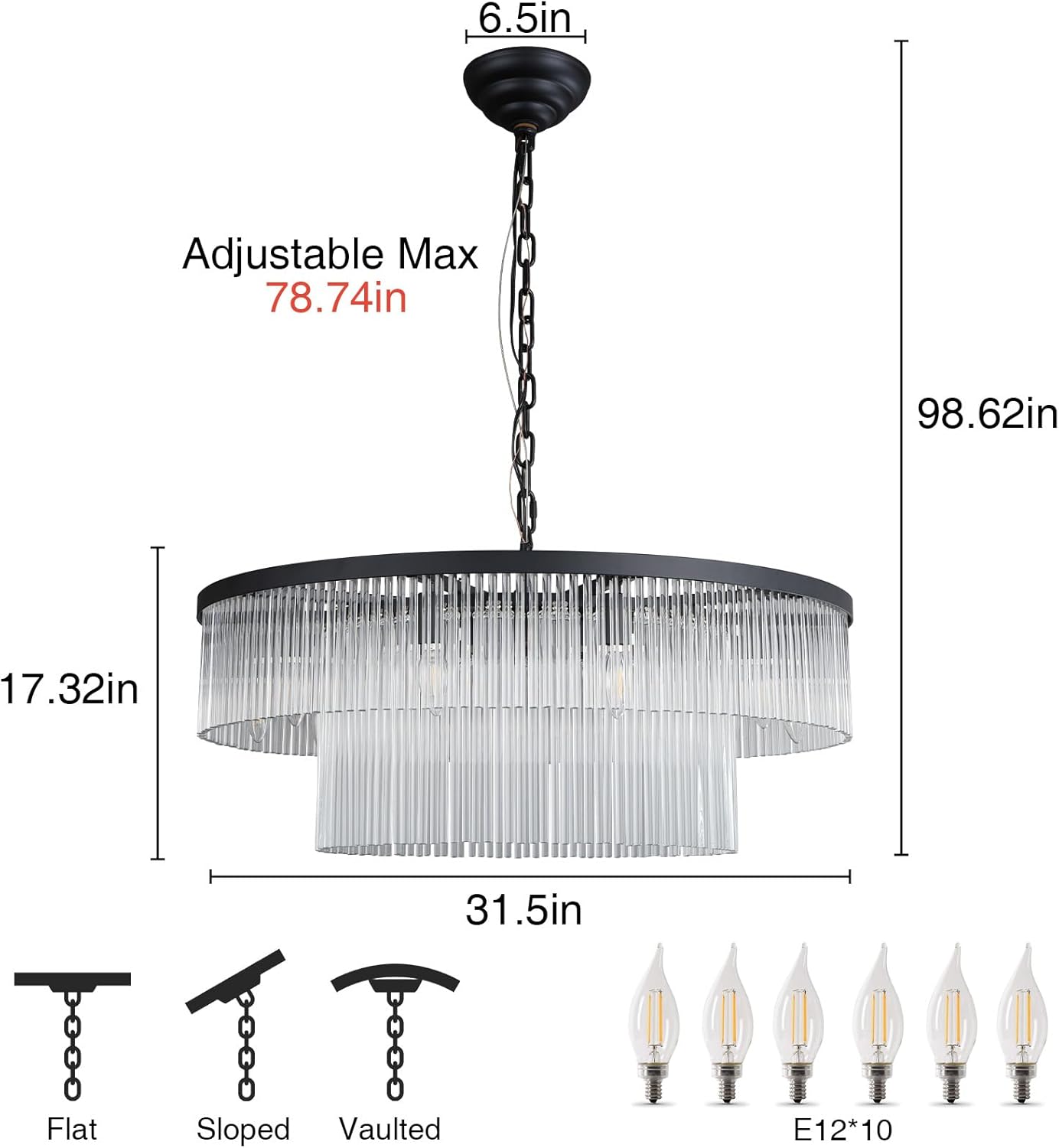 Elegant Black Glass Two-Tier 31.5" 10-Light Modern Chandelier