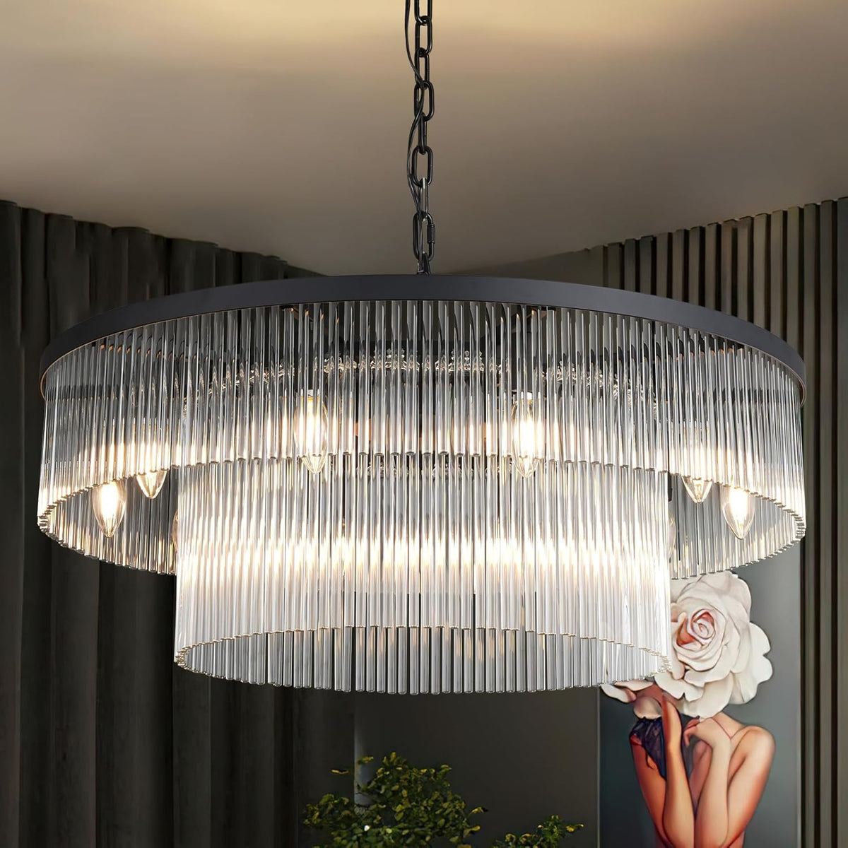 Elegant Black Glass Two-Tier 31.5" 10-Light Modern Chandelier