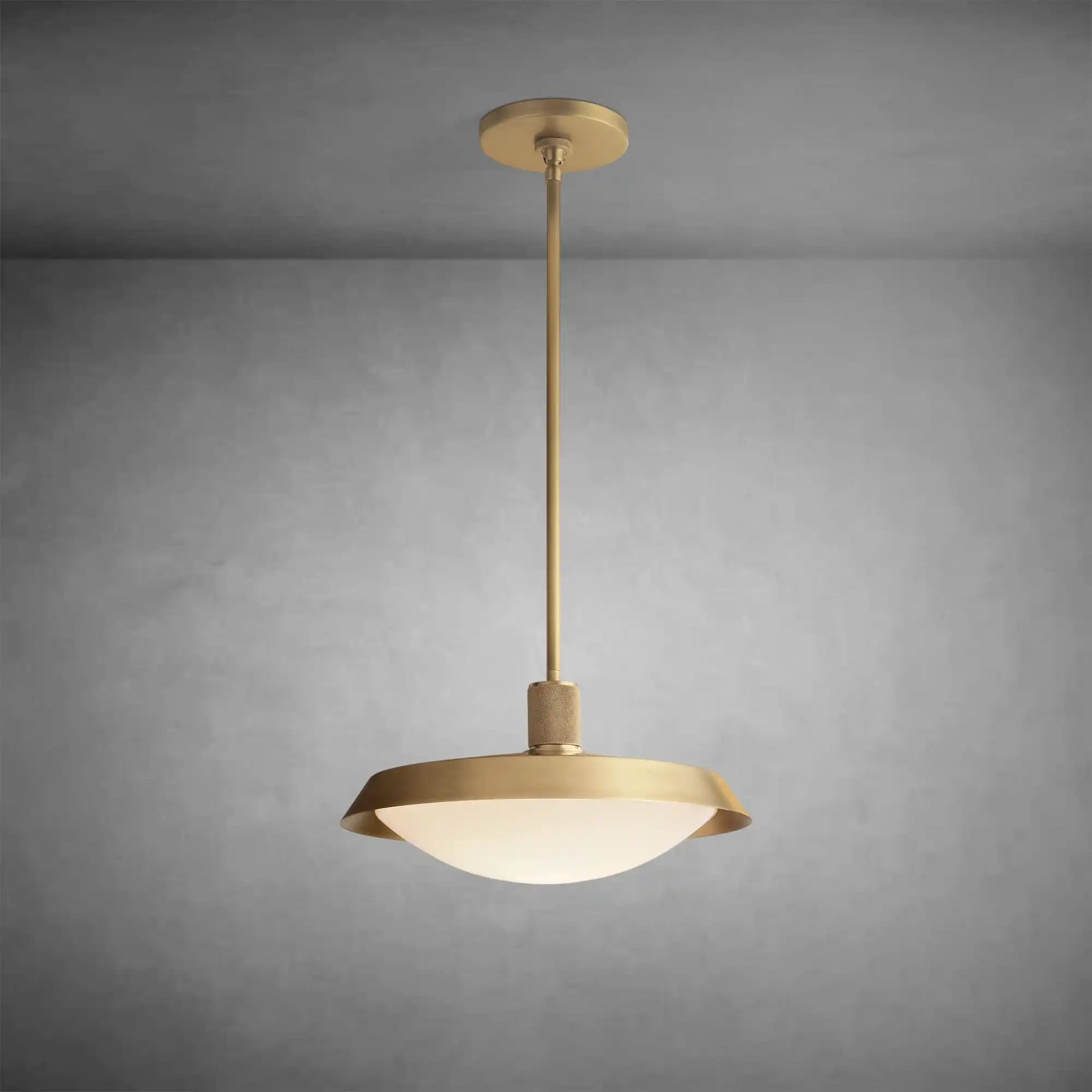 Elegant Kennon Barn Brass Pendant with Milk Glass Shade