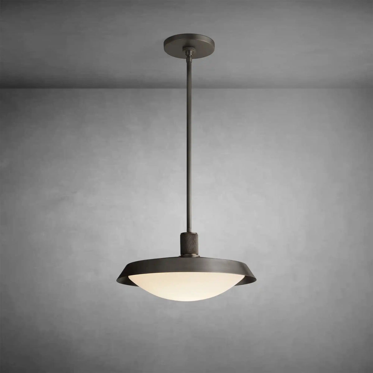 Elegant Kennon Barn Brass Pendant with Milk Glass Shade