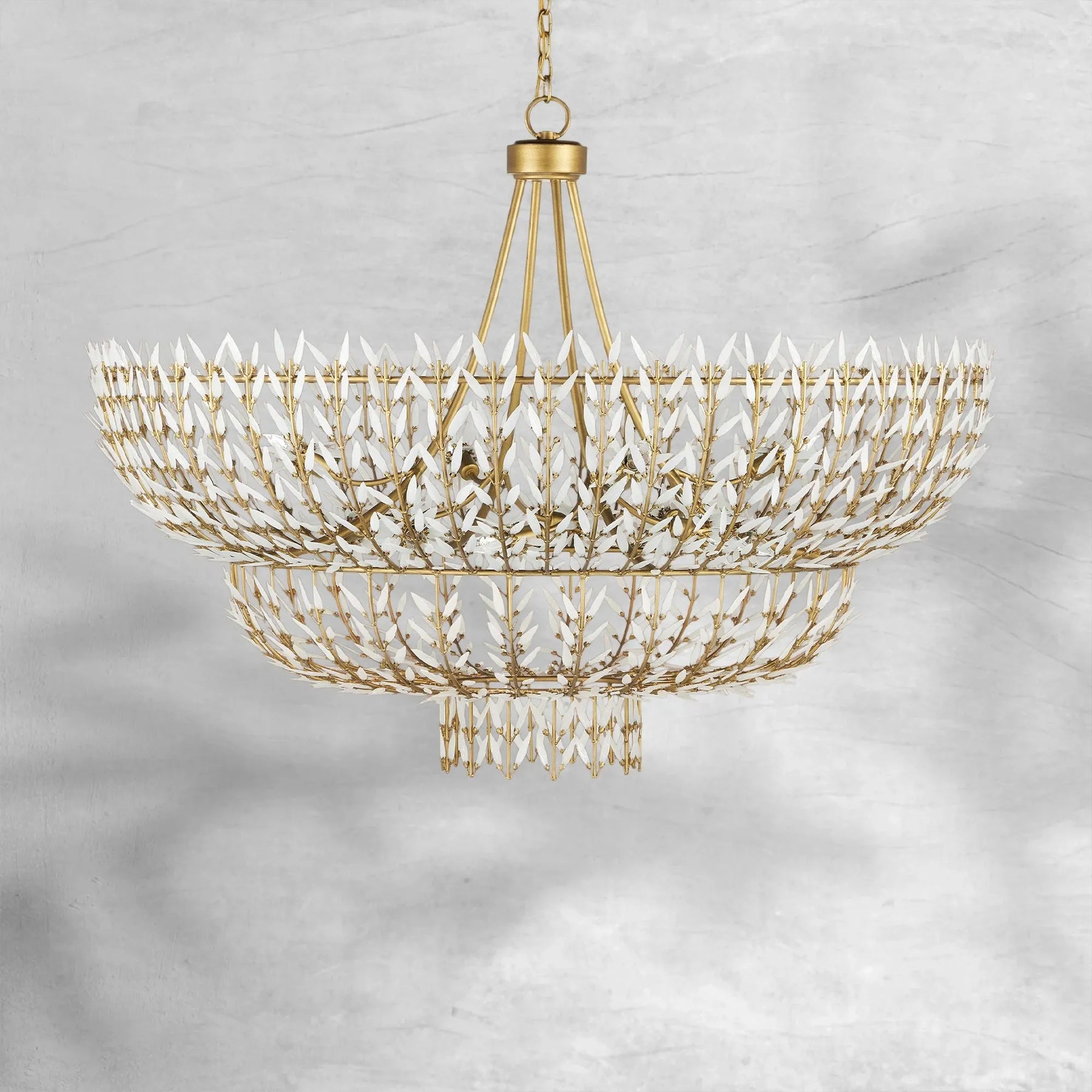 Elegant Morrigan Round Brass-Chained White Glass Chandelier 34 Inch