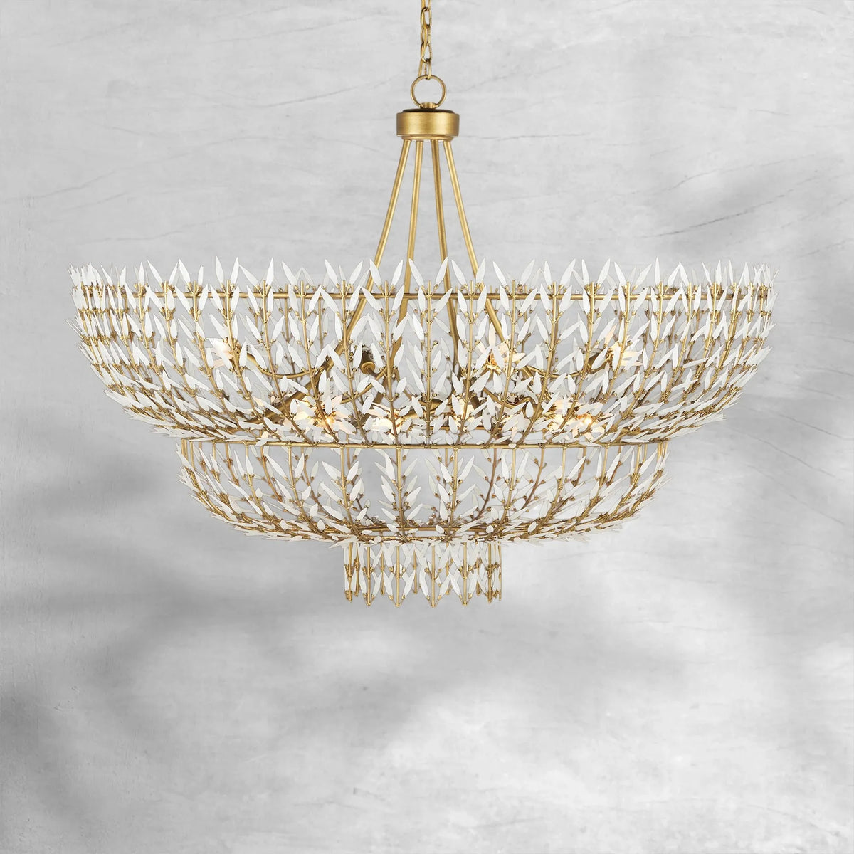 Elegant Morrigan Round Brass-Chained White Glass Chandelier 34 Inch