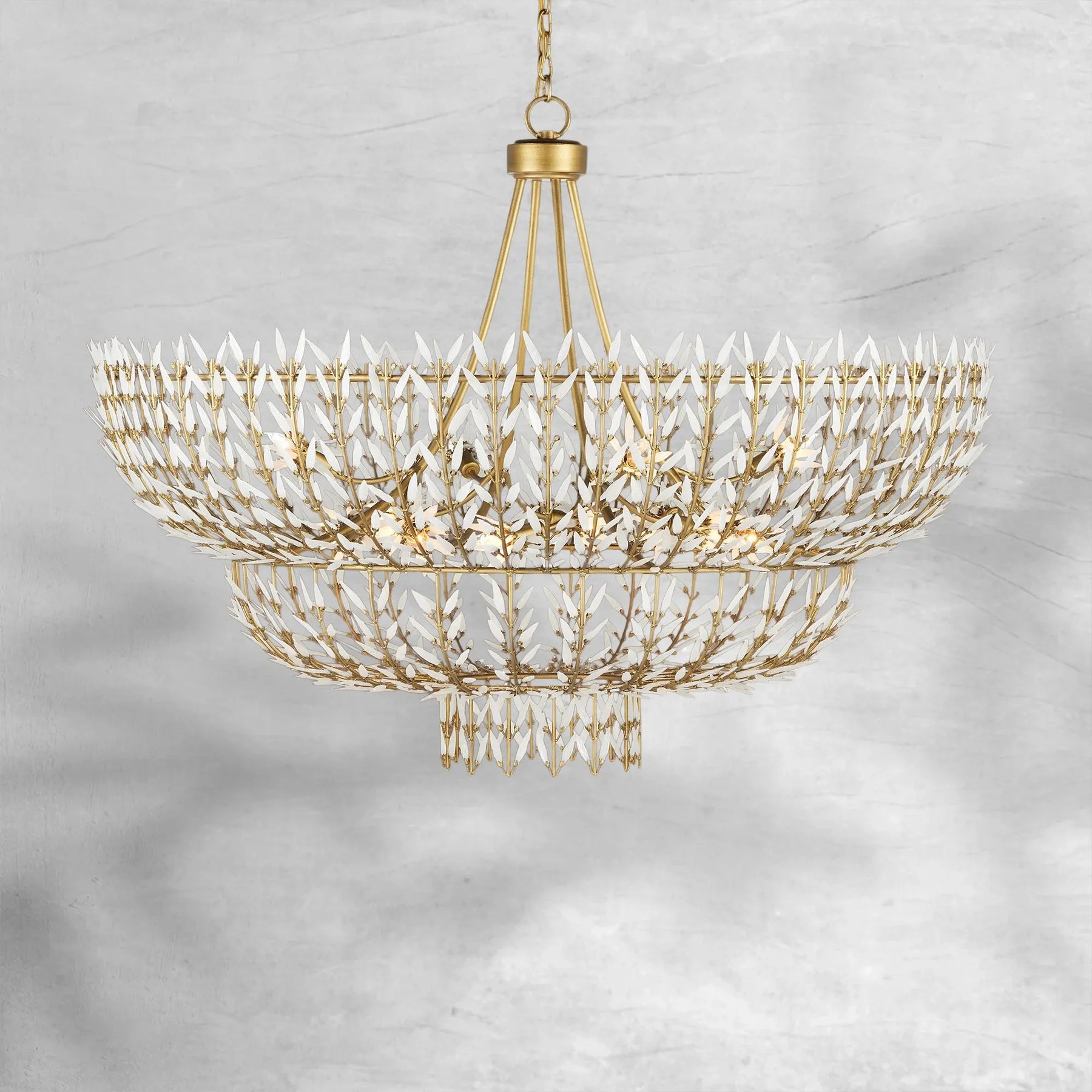 Elegant Morrigan Round Brass-Chained White Glass Chandelier 34 Inch
