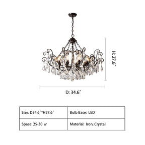 D34.6"*H27.6" chandelier,chandeliers,light luxury,pendant,dining room,bedroom,candle,black iron,crystal